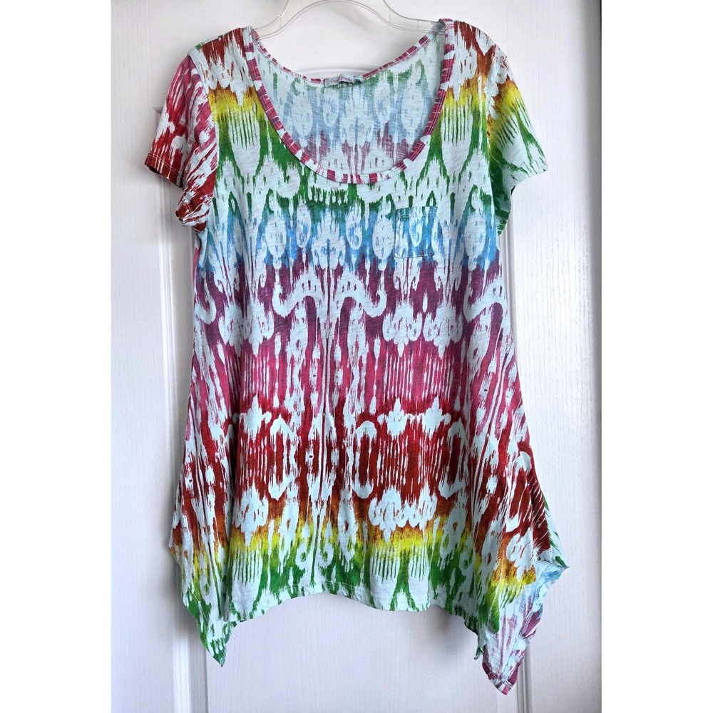 Fresh Produce Womens Rainbow Ikat Tie Dye Sharkbite Hem Tunic Top Large USA